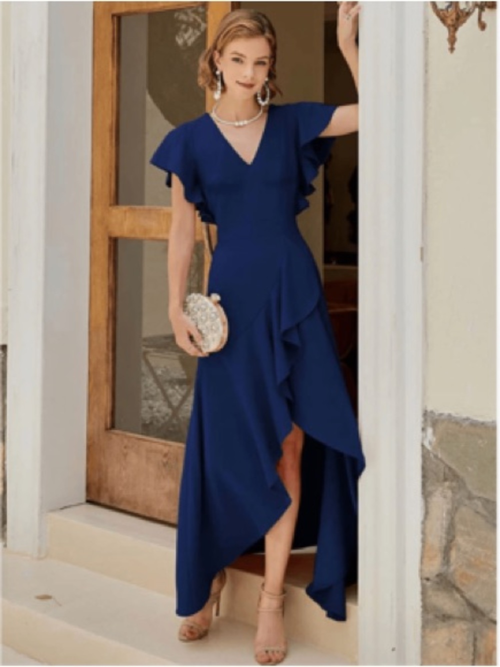 Miusol Navy V-Neck Ruffle High-Low Dress
